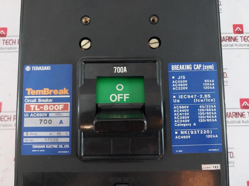 Terasaki Tl-800F Tembreak Circuit Breaker 3 Pole At 45°C Ac690V 60Hz 700A