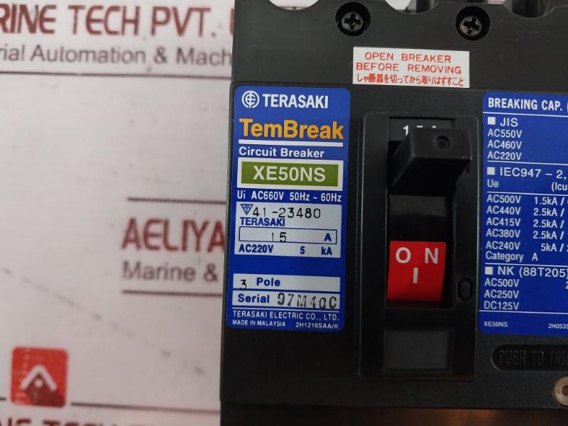 Terasaki Xe50Ns 3 Pole Circuit Breaker Ac660V 15A Ac220V 5Ka 2H1216Saa/K