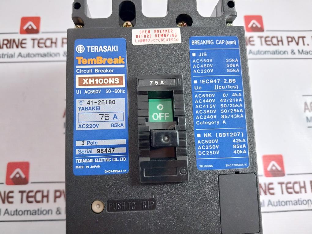 Terasaki Xh100ns Molded Case Circuit Breaker 75a 3 Pole 200-480v 50/60hz