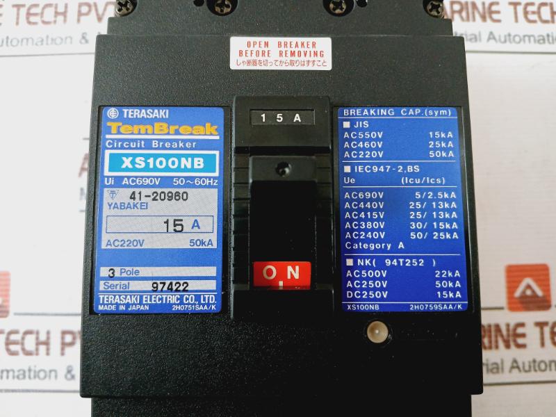 Terasaki Xs100Nb Tembreak Circuit Breaker 3 Pole Ac690V 15A 50~60Hz 41-20960
