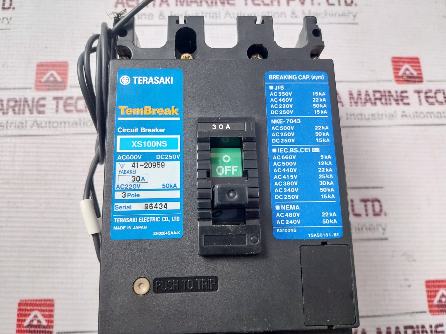 Terasaki Xs100Ns Circuit Breaker 3 Pole Ac220V 50Ka 30A 200-480V 50/60Hz