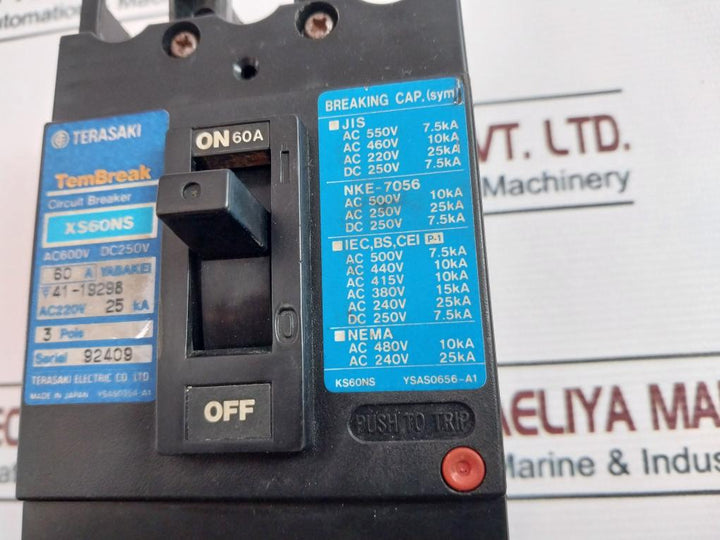 Terasaki Xs60Ns 3 Pole Circuit Breaker 60A Ac600 Dc250V Ac220V 25Ka