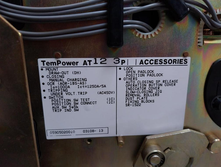 Terasaki At12 Tempower 3-pole Air Circuit Breaker 690 Vac 1250A 50/60 Hz