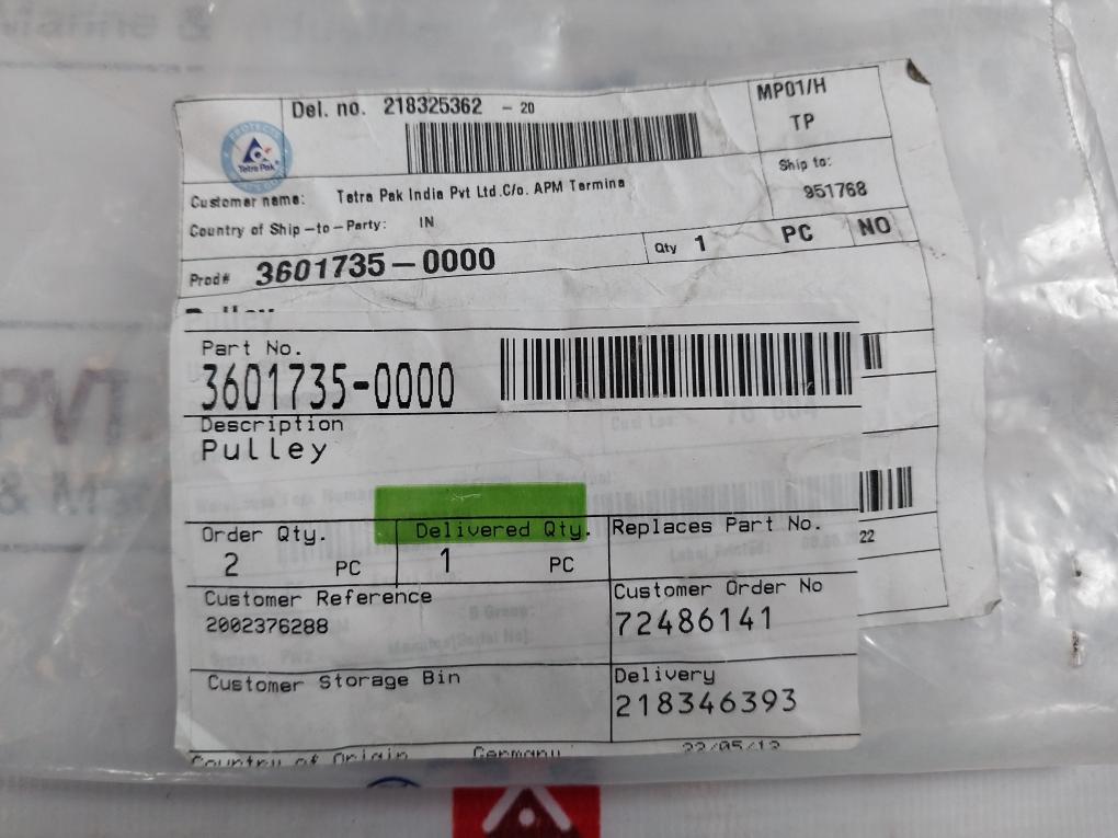 Tetra Pak 3601735 Aa Pulley 29-291775/10