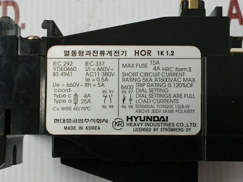 Thermal Overload Relay 660V/5A Hor 1K 1.2 Hyundai