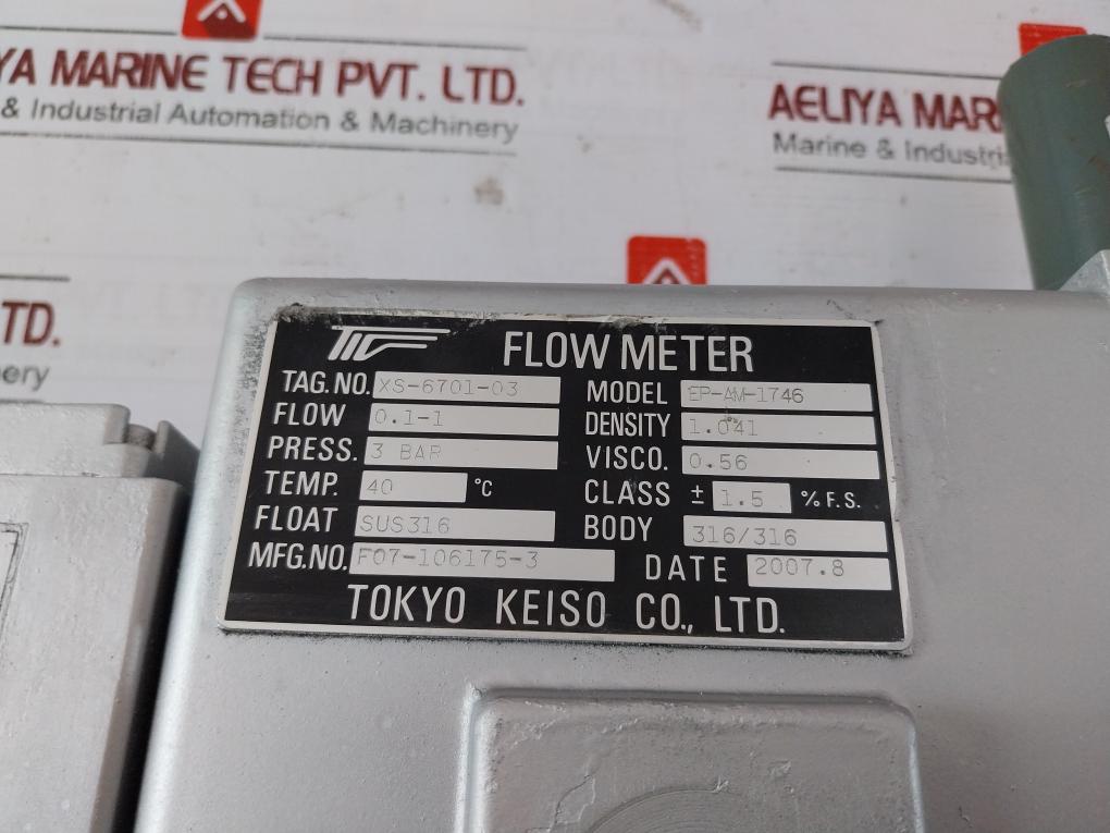 Tokyo Keiso Ep-am-1746 Flowmeter F07-106175-3 30Vdc 0.1A -10~60 C 3 Bar 0.1-1 