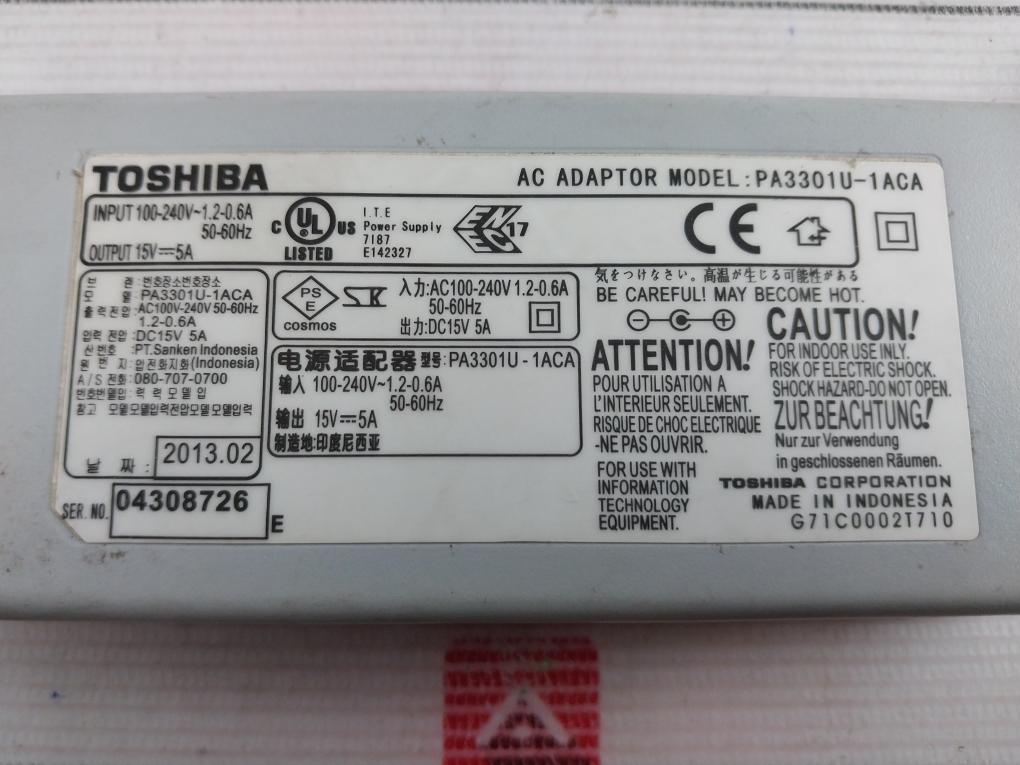Toshiba Pa3301U-1Aca Ac Adapter/Power Supply/Charger 100-240V~1.2-0.6A 50-60Hz