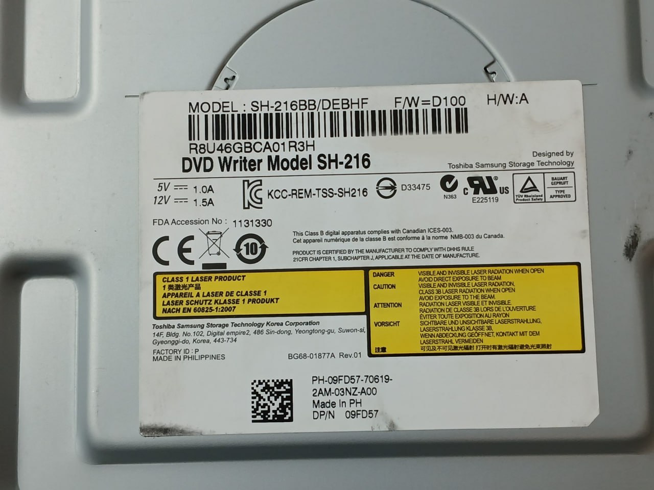 Toshiba Samsung Sh-216Bb/Debhf Internal Dvd Writer Drive 5V-1.0A E225119 Pys-2
