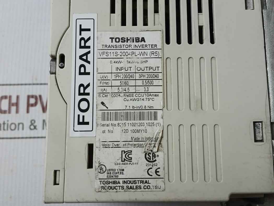 Toshiba Vfs11s-2004pl-wn(R5) Transistor Inverter 1ph-200/240v (Not Working)