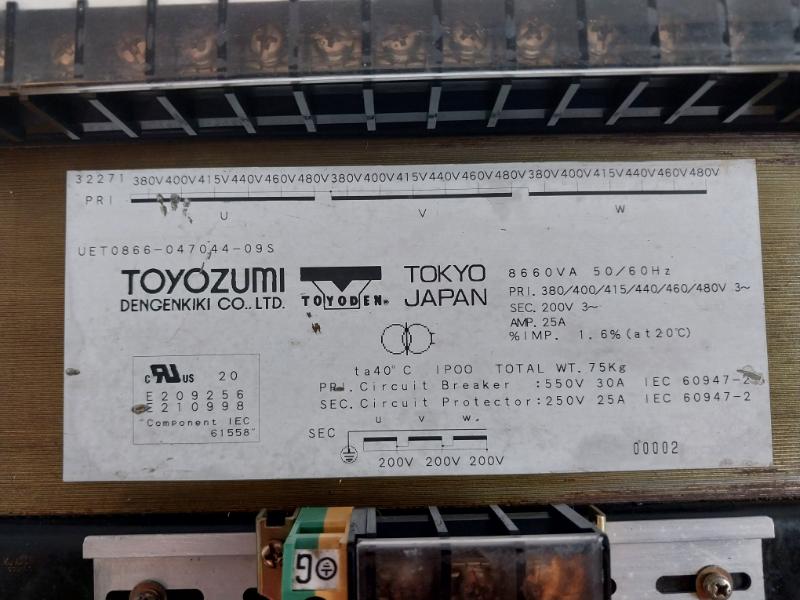 Toyozumi Uet0866-047044-09S Industrial Transformer 8660Va 50/60Hz 20C 25A 550V