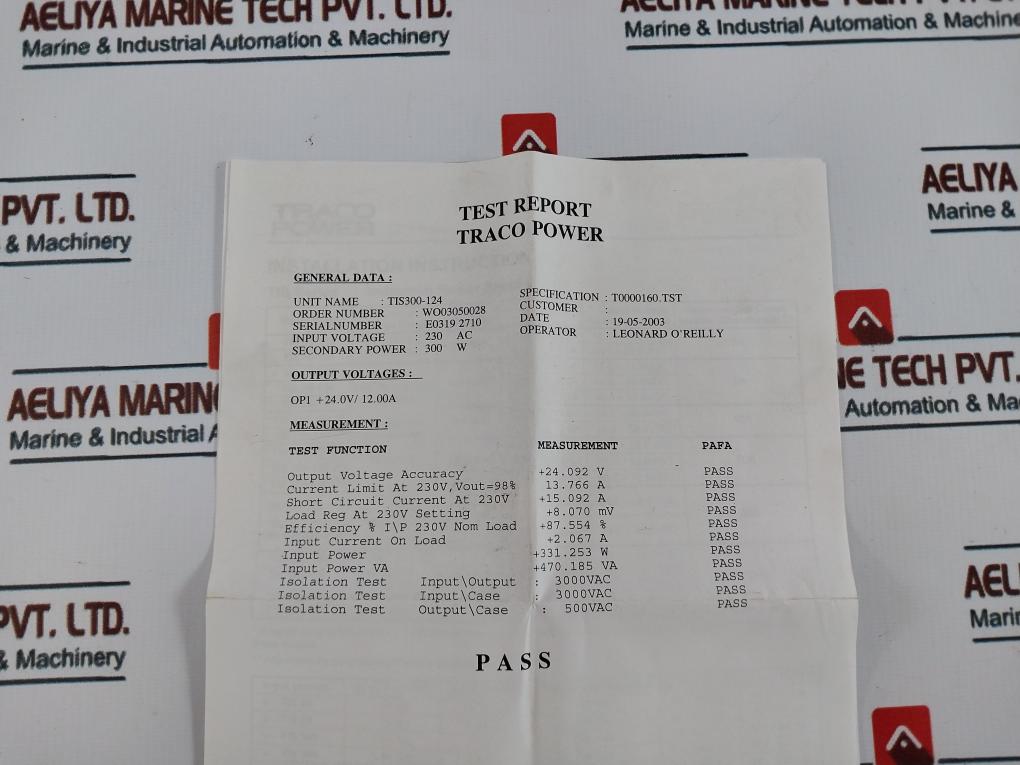 Traco Power Tis 300-124 Industrial Power Supply 24Vdc/12A 115/230Vac Input