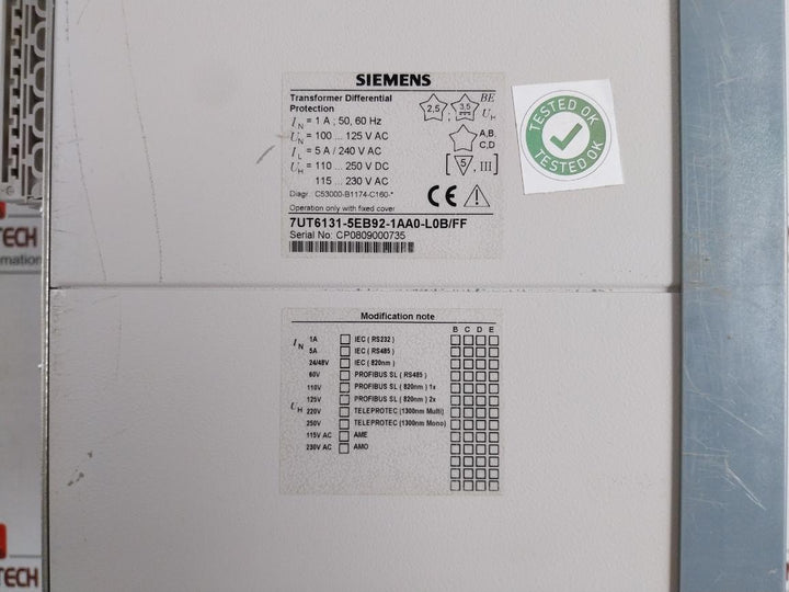 Transformer Differential Protection 7Ut6131-5Eb92-1Aa0-l0B/Ff 50-60Hz Siemens 115….230 V Ac