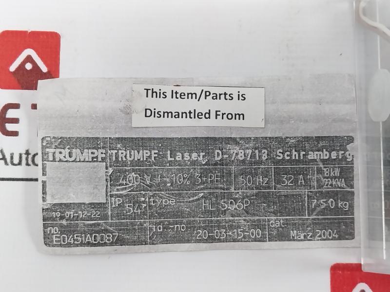 Trumpf Laser 18-09-08-00/03 Lens Optic Mechanism Hl 506P 400V 50Hz 