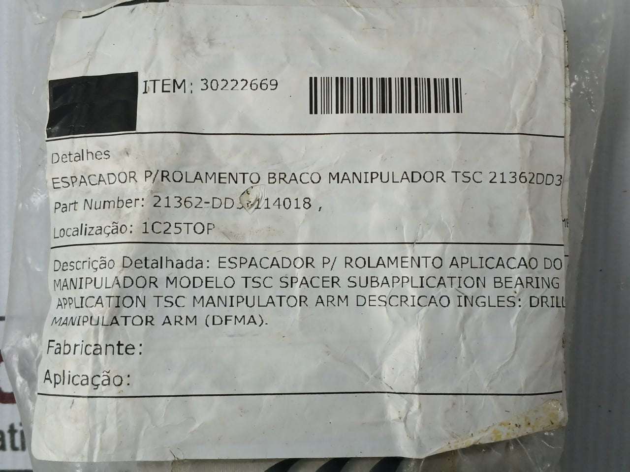 Tsc 21362-dd3-114018 Spacer For Hpu System Application Manipulator Arm Bearing