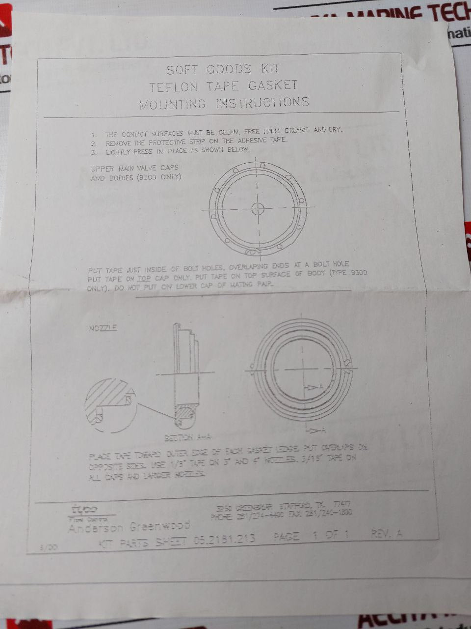 Tyco Teflon Tape Gasket Kit 9300P08, SST Bolted Seat P