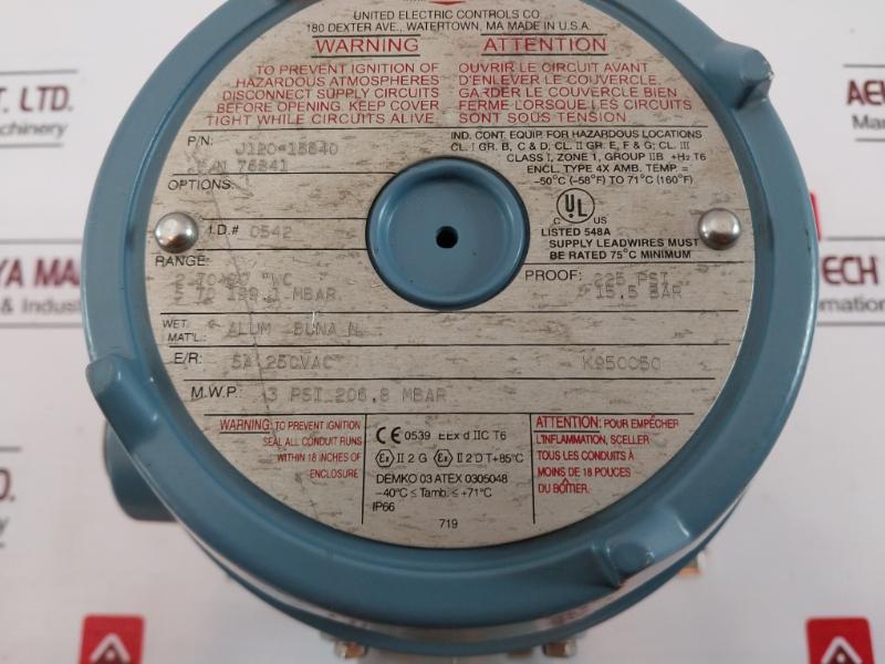 United Electric J120-15640 Explosion-proof Pressure Switch, 2-80 Wc