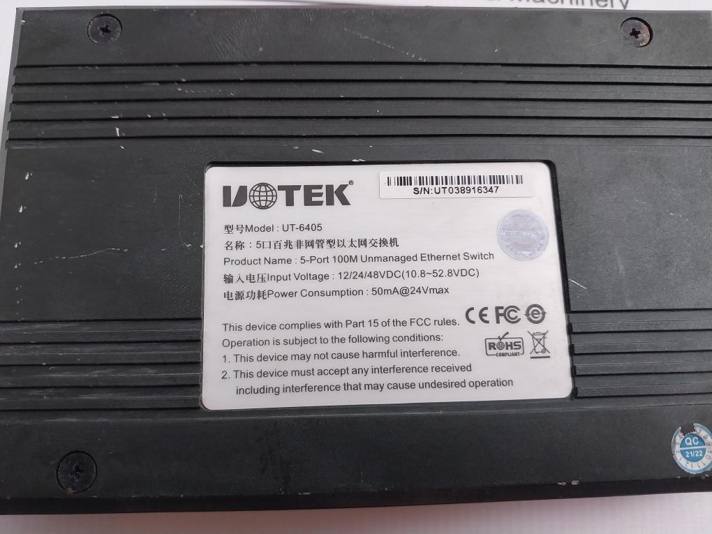Uotek Ut-6405 5-port 100M Unmanaged Ethernet Switch 12/24/48Vdc 50Ma At 24V