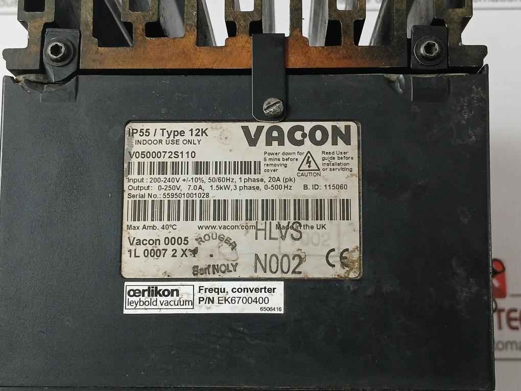 Vacon V0500072S110 Variable Speed Drive 50/60Hz 1Phase Ek6700400 (Not Working)
