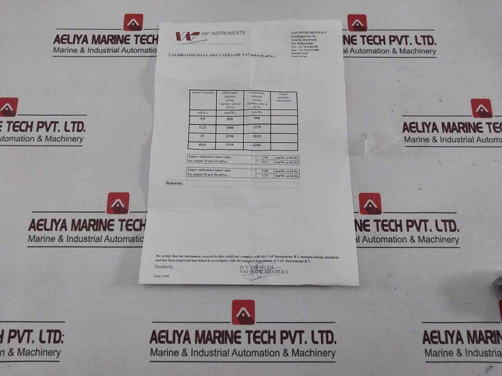 Vaf 0352-0035 Capillair Calibration Data Assy