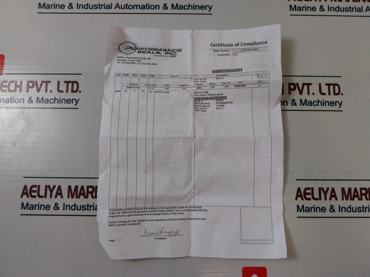 Vanco 2013332-06 Ring Gasket Specialty Psl 1-4 A14618A Rev: 02