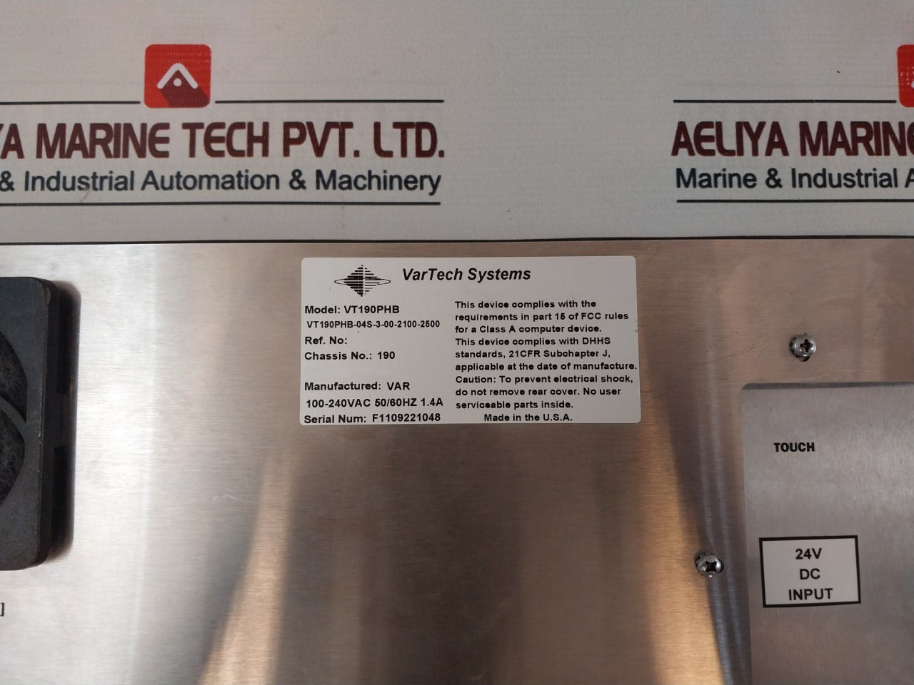 Vartech Systems Vt190Phb Touch Panel Monitor 100-240Vac 50/60Hz 1.4A