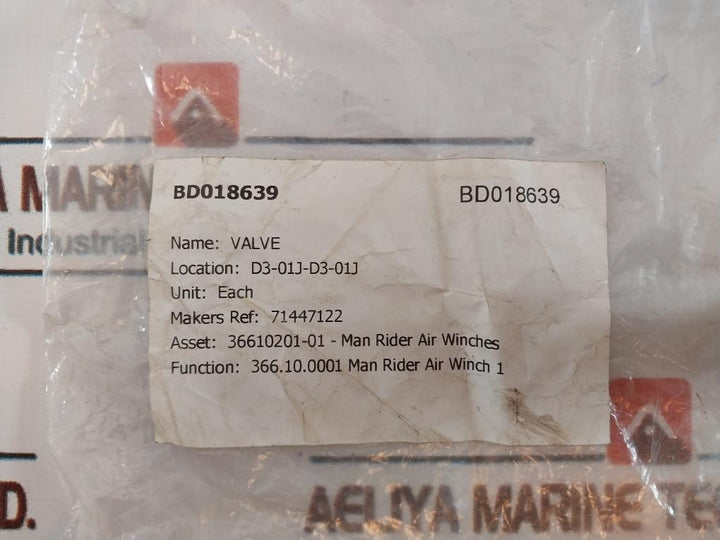 Versa 71447122 Valve, Bd018639, 2nc, 68