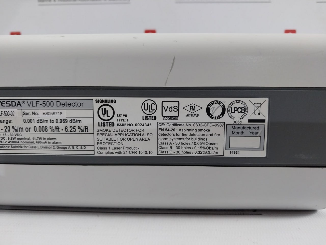 Vesda Vlf-500-02 Laser Focus Aspirating Smoke Detector 18-30Vdc