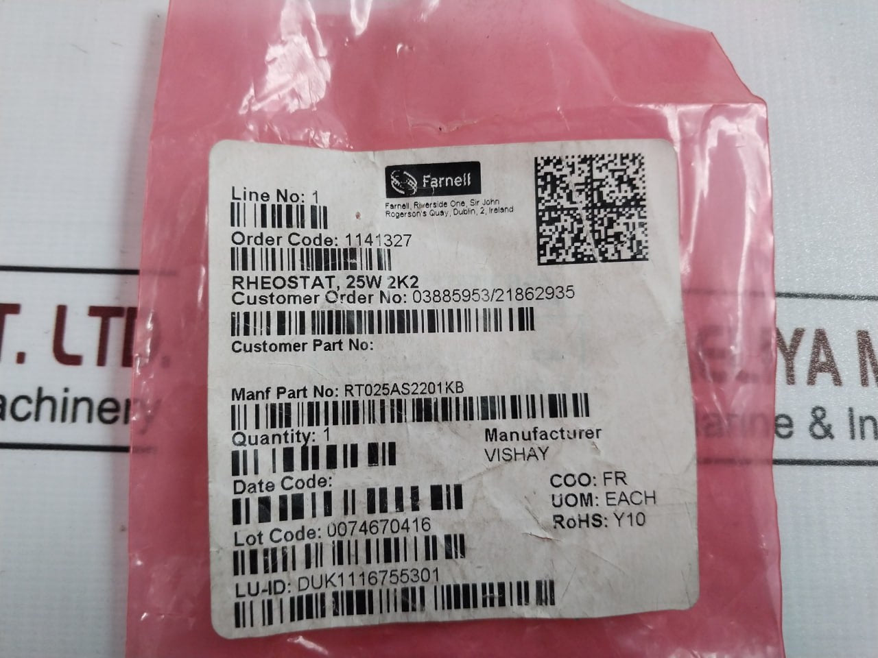 Vishay Rt025As2201Kb Wirewound Rheostat / Potentiometer Rt25L 2K2 0.107A 25W