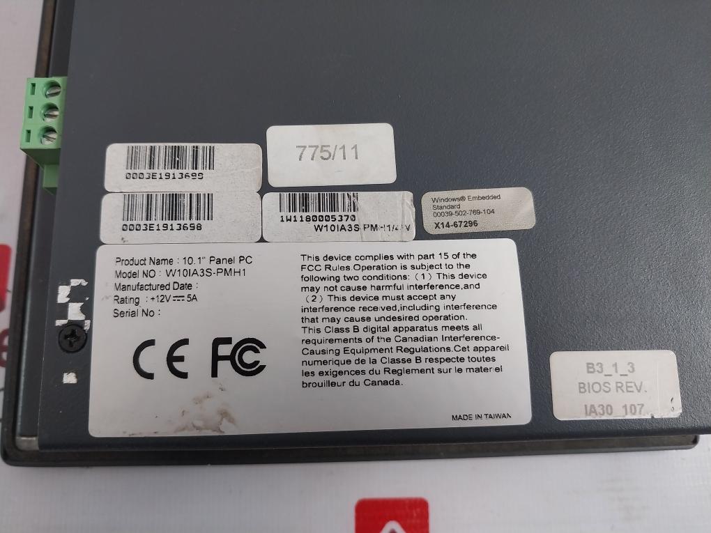 W10IA3S-PMH1 10.1” Touch Screen Panel PC +12V--- 5A (Not Working)