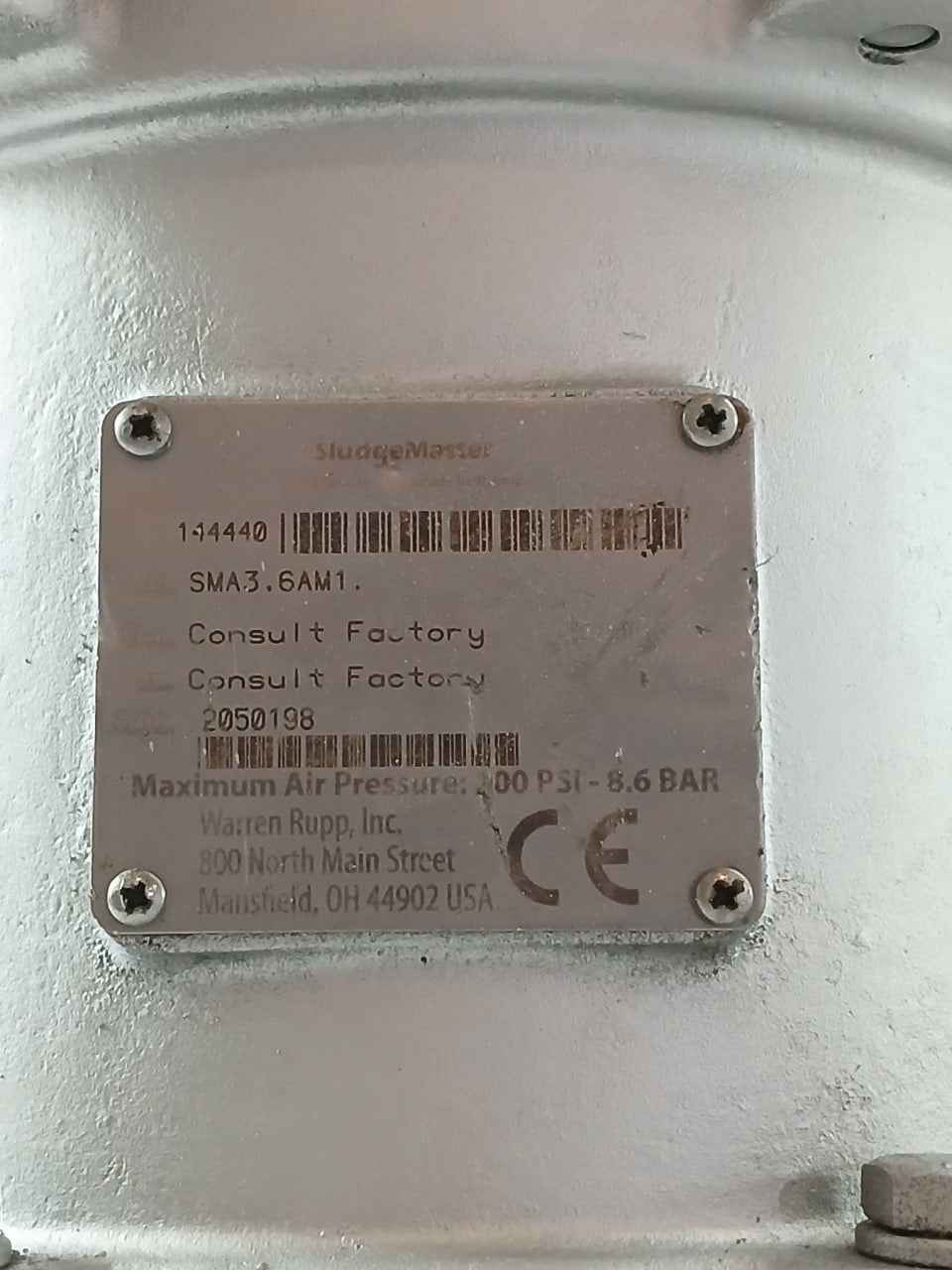 Warren Rupp Siudgemaster Sma3, 6Am1 Air Operated Pump 200 Psi 8.6 Bar