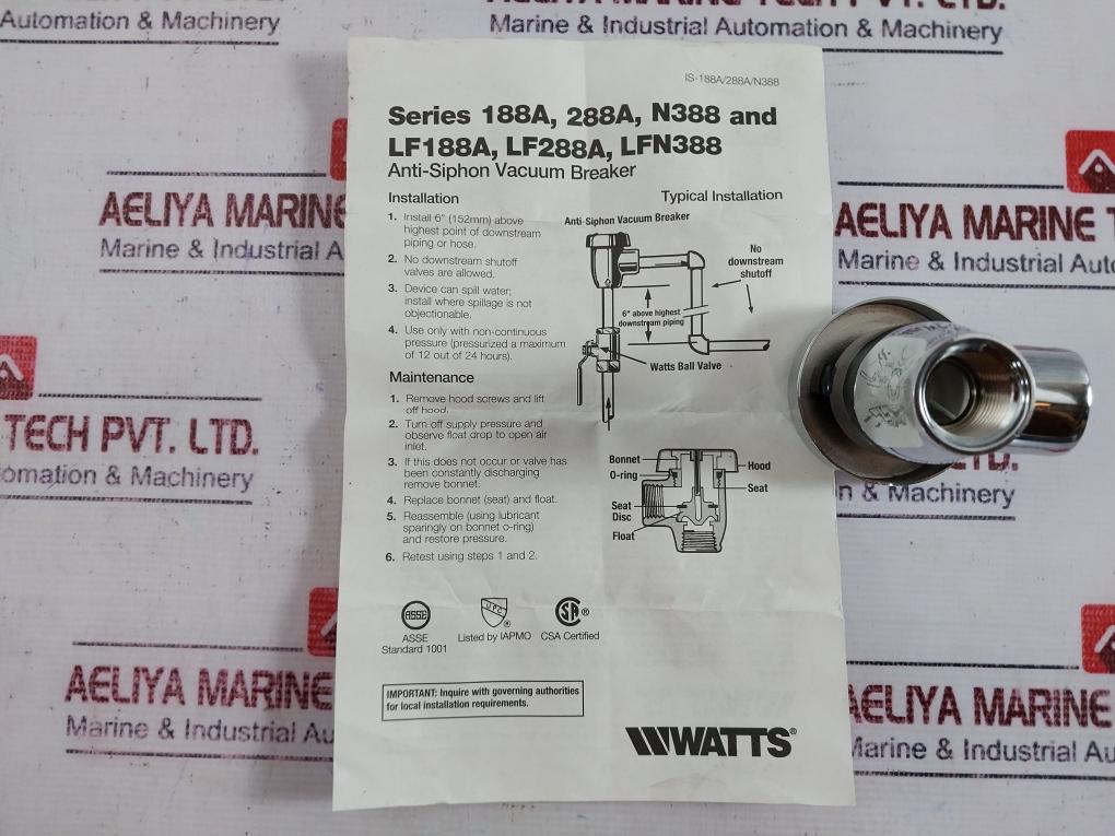 Watts 59-49-sa Anti-siphon Vacuum Breaker 125 Psi 180°F Series 288A