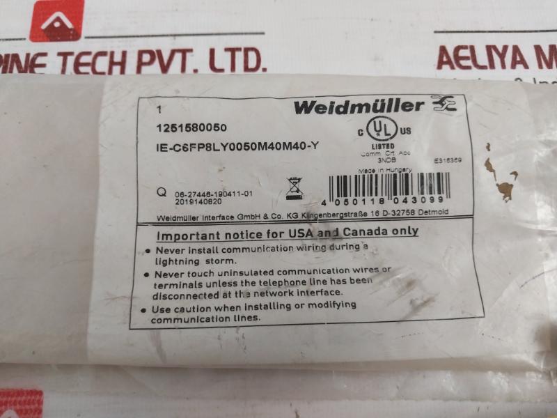 Weidmuller 1251580050 Ethernet Patch Cable Ie-c6Fp8Ly0050M40M40-y, E316369