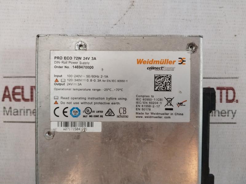 Weidmuller 1469470000 Din-rail Power Supply Pro Eco 72W 24V 3A 100-240V 50/60Hz