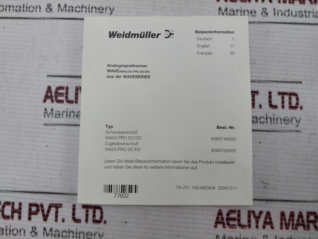 Weidmuller 8560740000 Was4 Pro Dc/Dc Analog Signal Isolator 22 To 230 Vac/Dc