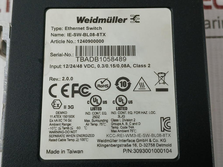 Weidmuller Input-12/24/48Vdc 1240900000 Ethernet Switch 3093001000104