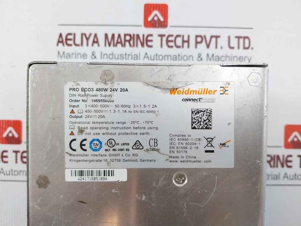 Weidmuller Pro Eco3 480W 24V 20A Din Rail Power Supply 3X400-500V 50/60Hz