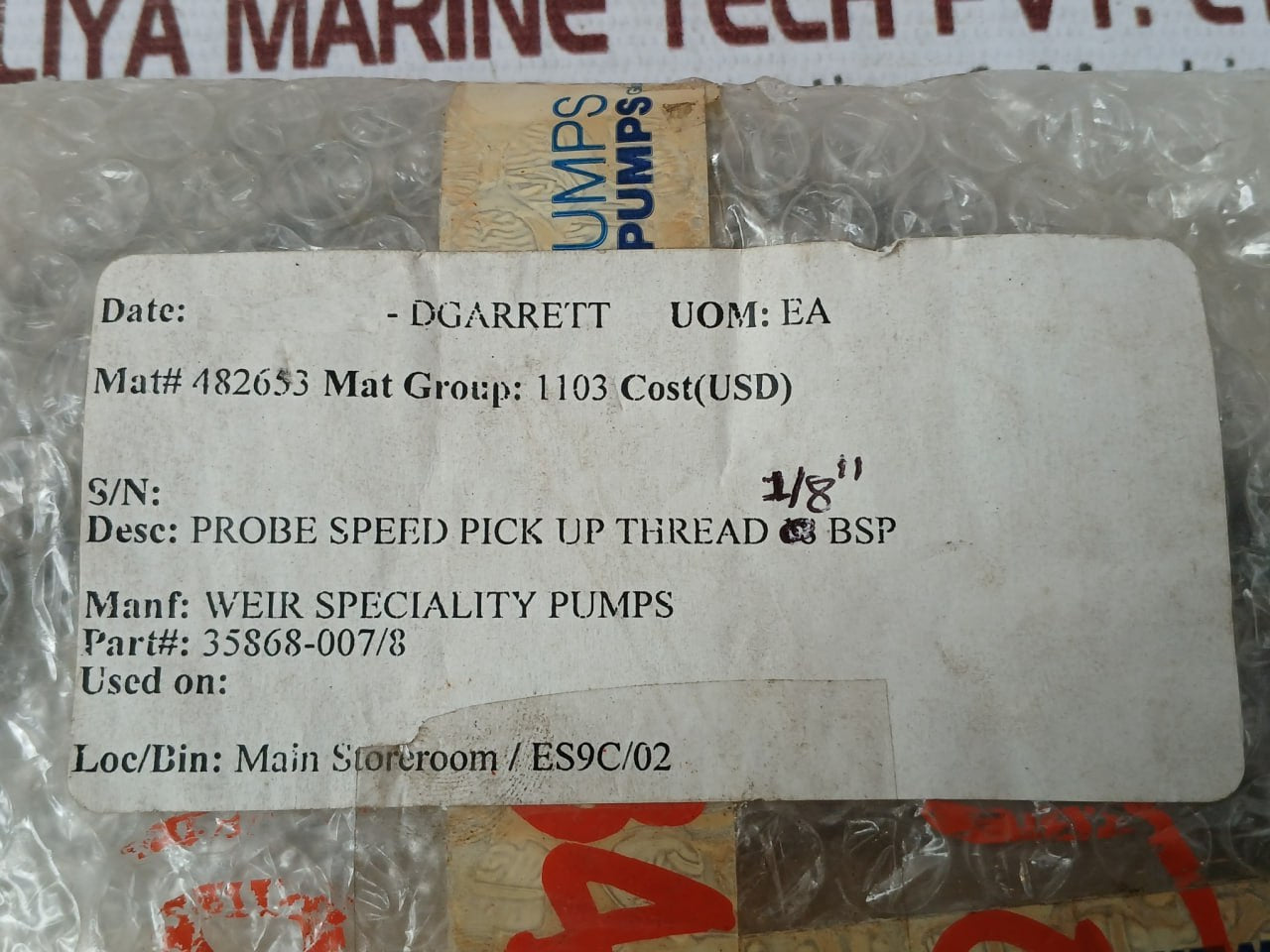 Weir 35868-007/8 Probe Speed Pick Up Thread 1/8