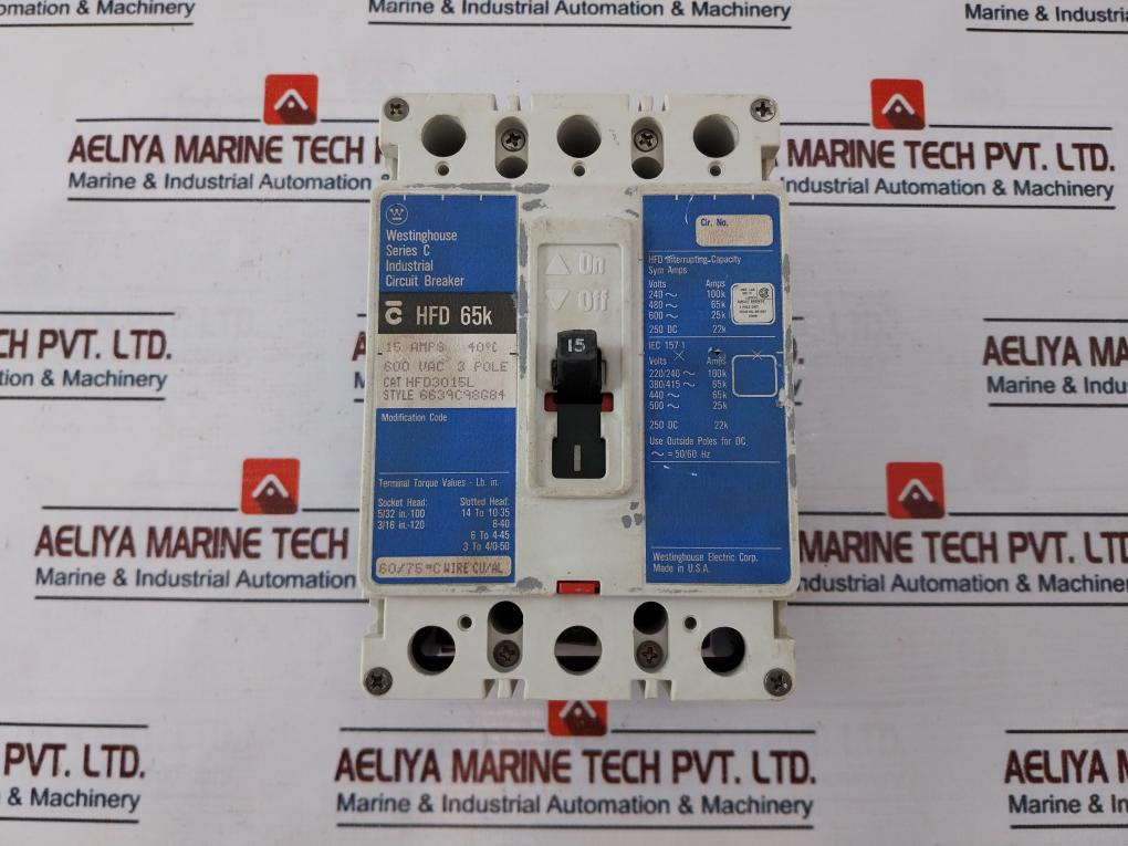 Westinghouse Hfd 65K 3 Pole Circuit Breaker 15 Amps Ser: C