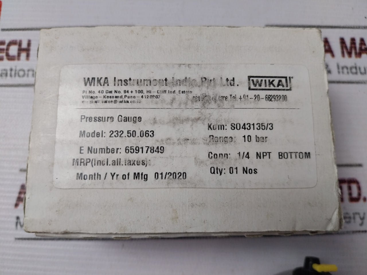 Wika 232.50.063 Pressure Gauge 9000N10J/9000H4Pj En 837-1 0-10 Bar Cl 1.6
