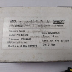 Wika 232.50.063 Pressure Gauge 9000N10J/9000H4Pj En 837-1 0-10 Bar Cl 1.6