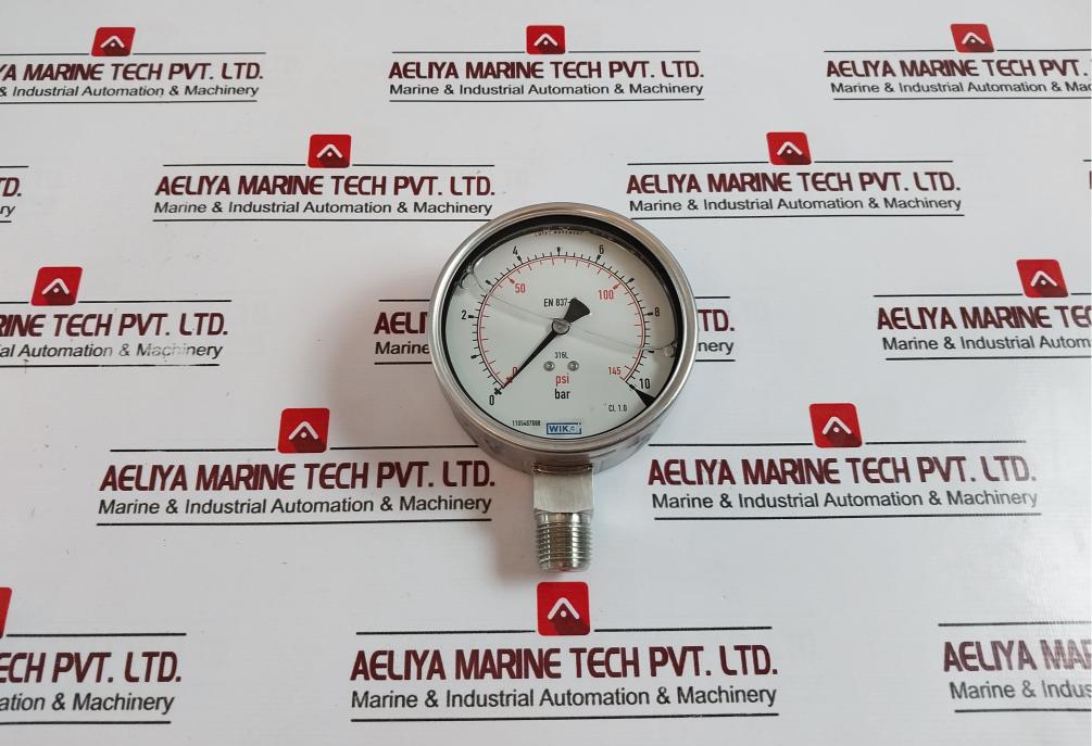 Wika En 837-1 Pressure Gauge, 0-145 Psi, 0-10 Bar, Glycerin-filled