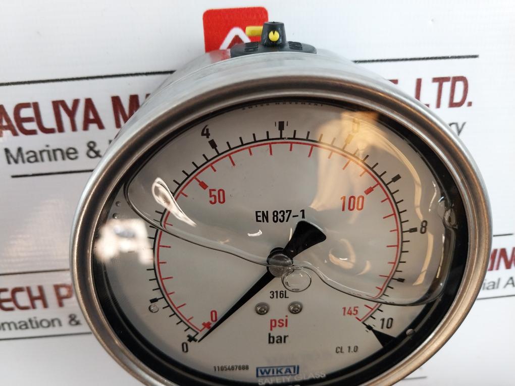 Wika En 837-1 Pressure Gauge, 0-145 Psi, 0-10 Bar, Glycerin-filled