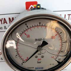 Wika En 837-1 Pressure Gauge, 0-145 Psi, 0-10 Bar, Glycerin-filled