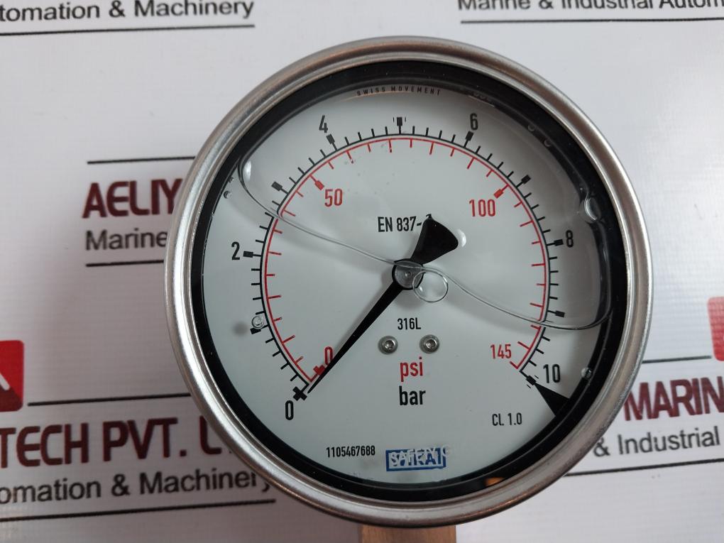 Wika En 837-1 Pressure Gauge, 0-145 Psi, 0-10 Bar, Glycerin-filled