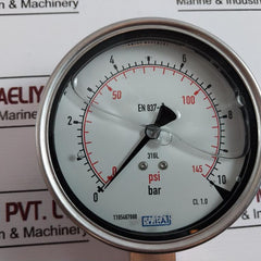 Wika En 837-1 Pressure Gauge, 0-145 Psi, 0-10 Bar, Glycerin-filled