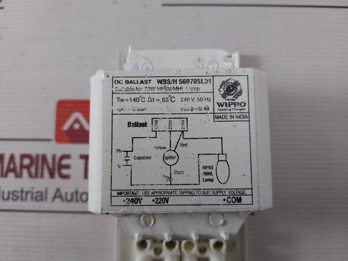 Wipro Wbs/H 56070Sl31 Oc Ballast For Hpsv/Mhl Lamp 70W 240V 50Hz 140C