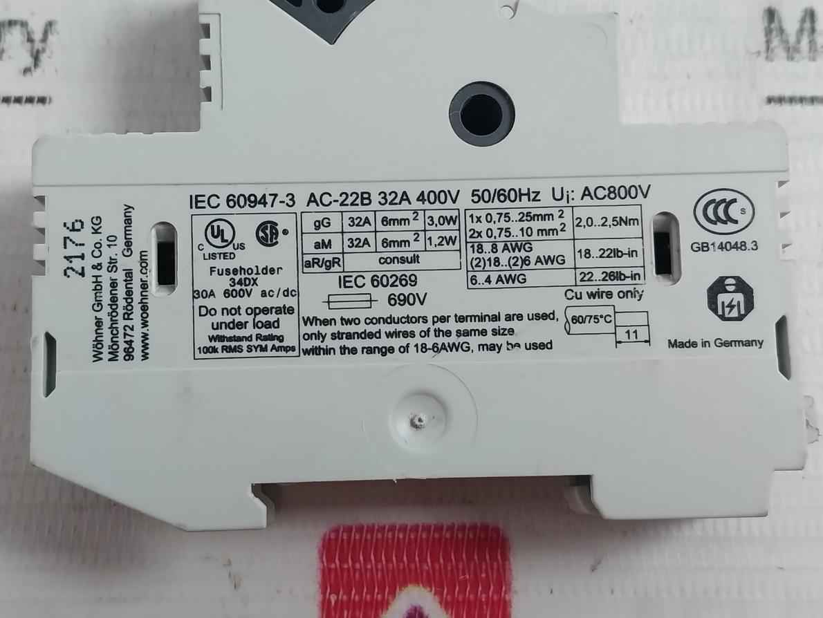 Wohner Aes10X38 Fuse Holder Ac-22B 32A 400V 50/60Hz 60/75C 18-6Awg