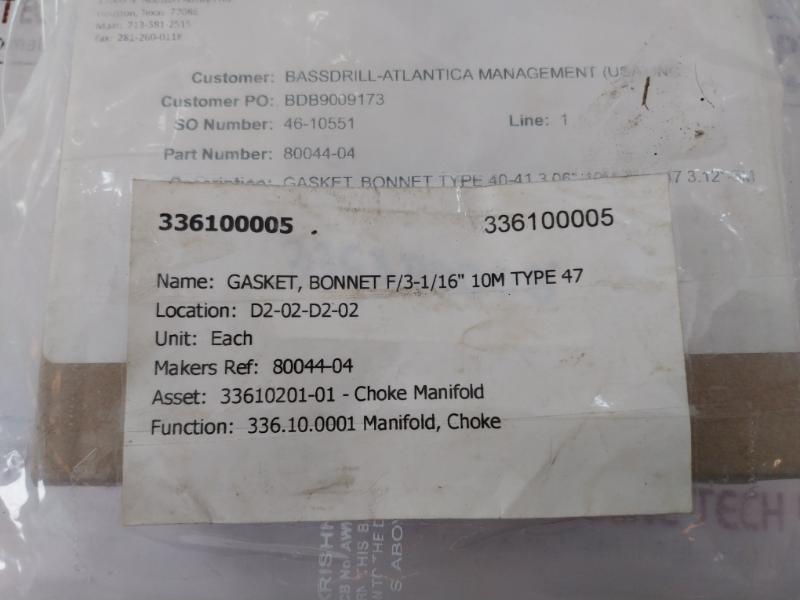 Wolar S316 Bonnet Gasket Ring, 10m-10, S316, 336100005