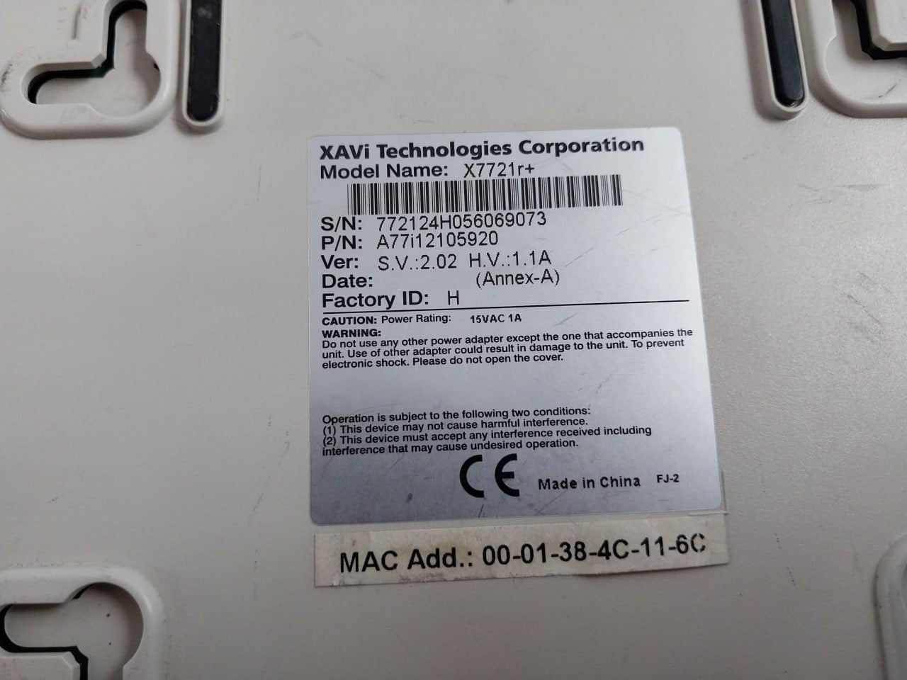 Xavi X7721R+ Router A77I12105920 15Vac 1A