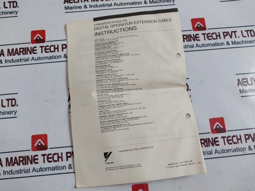 Yaskawa Electric 72616-W Digital Operator Extension Cable Varispeed-616G5/P5